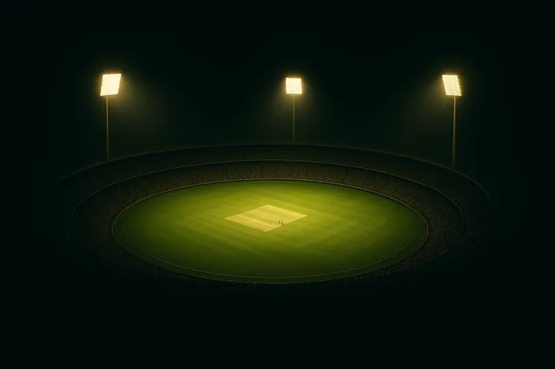 Aerial view of illuminated cricket stadium with packed stands at night