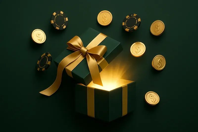 Premium gift box opening with gold light, casino chips and coins