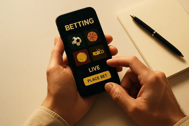 Man using phone with betting app on desk from above