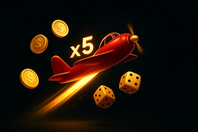 Red airplane in crash game with glowing multiplier, coins and dice