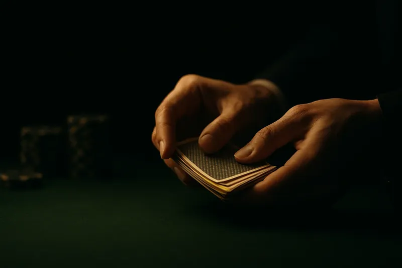 Close-up dealer hands shuffling cards above green felt with premium chips
