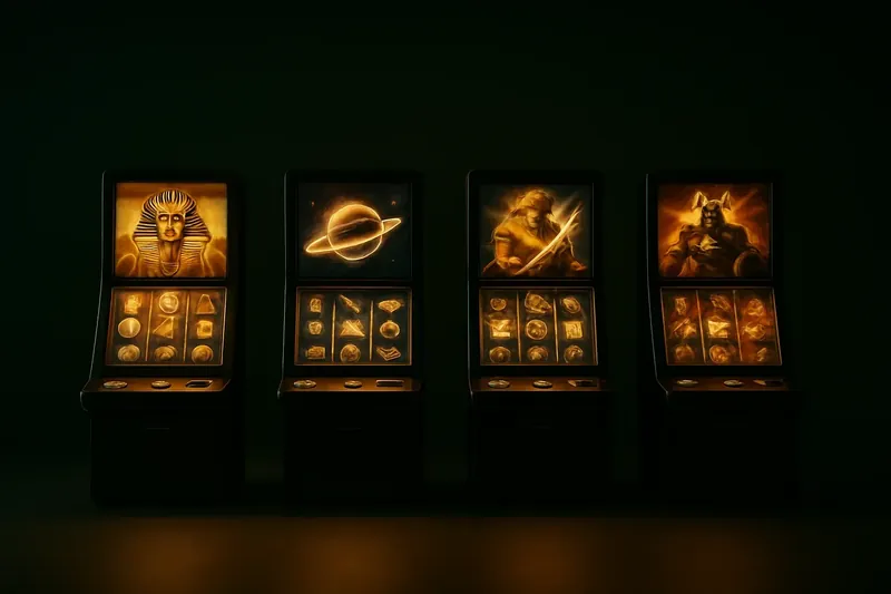 Five vivid video slot screens with neon lighting and themed graphics